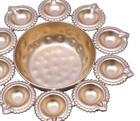 Ethnic Design 9 Point 5 Inches Decor Urli Bowl With 10 Diyas Urli For Home Decor Gold Color