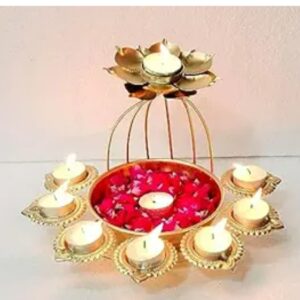 Iron Urli Bowl And Metal Diya Set In Lotus Shape With Gold Powder Coating