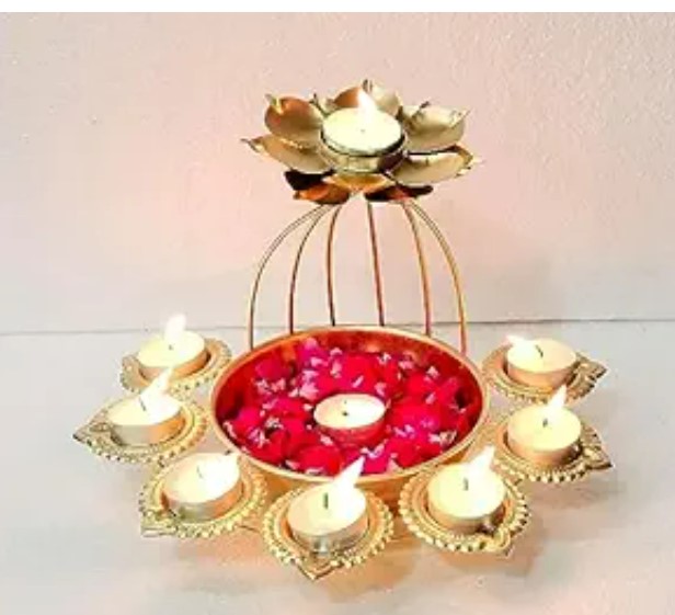 Iron Urli Bowl And Metal Diya Set In Lotus Shape With Gold Powder Coating