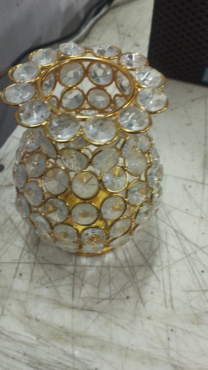 Decorative Metal Vase For Flower Plants In Rose Gold Finish and Clear Crystals