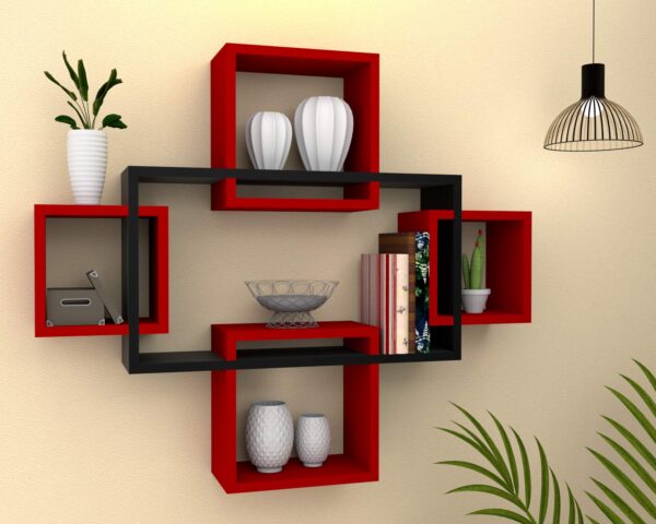 Designed Wall Shelf With 5 Intersecting Decoration Red Black