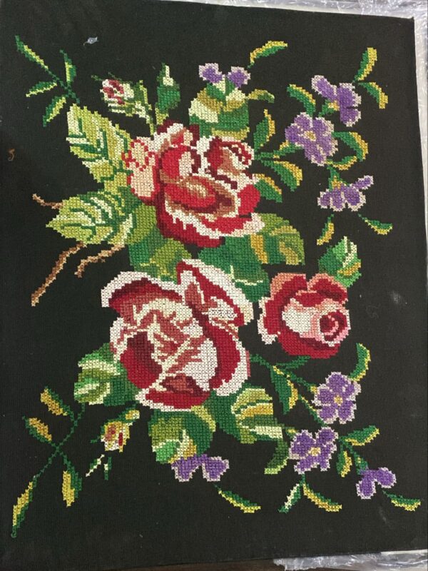 Flower Printed Needlepoint Floral Finished French Tapestry Black Size 19 X 24 Inch