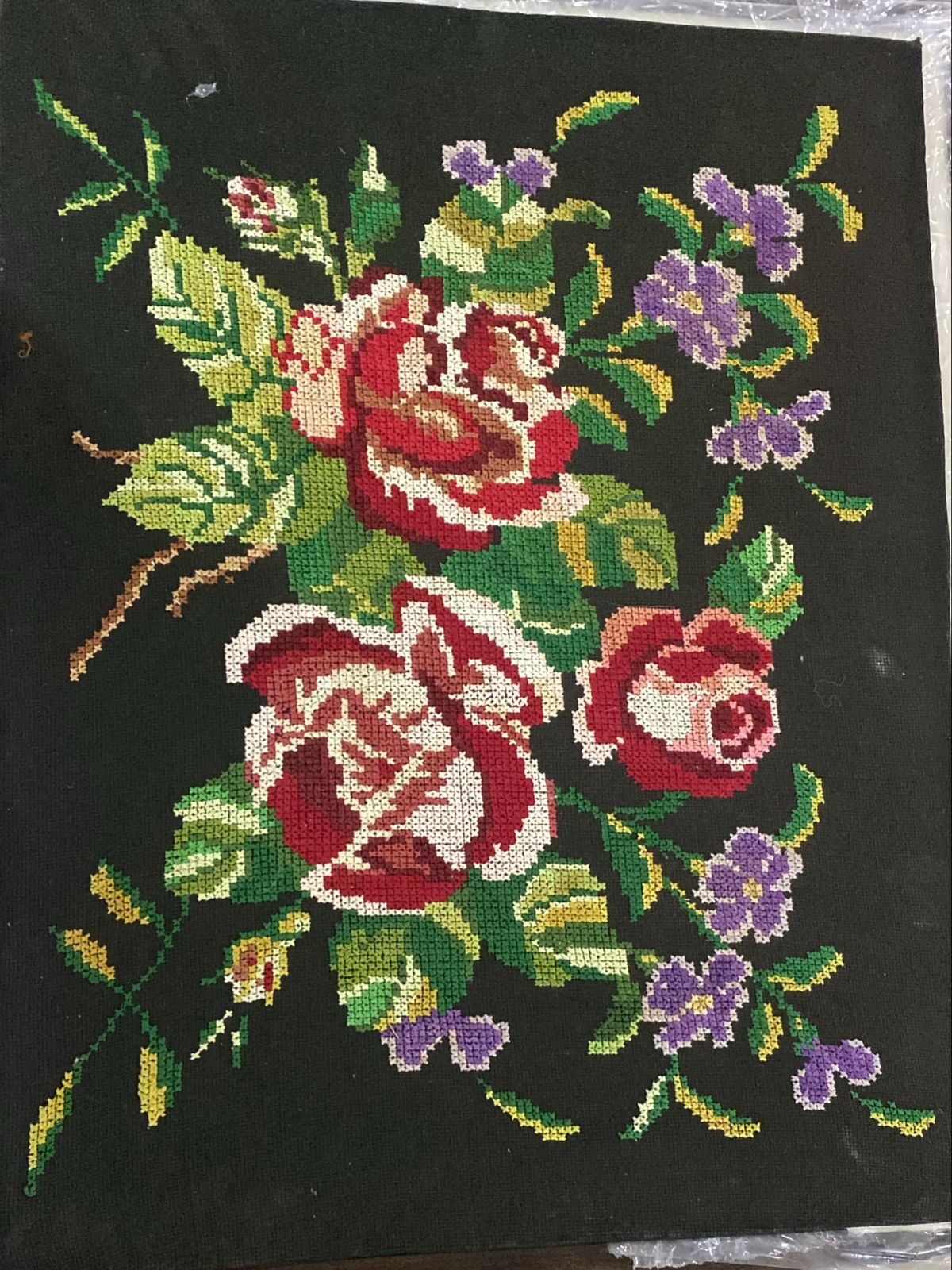 Flower Printed Needlepoint Floral Finished French Tapestry Black Size 19 X 24 Inch