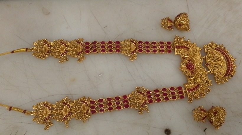 Gold Plated And Pink Colour Rani Haar Pearl Jewellery Sets