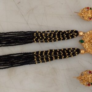 Gold Plated Temple Laxmi Long Necklace Set With Crystal Moti Mala Black