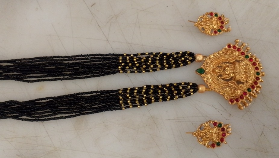 Gold Plated Temple Laxmi Long Necklace Set With Crystal Moti Mala Black