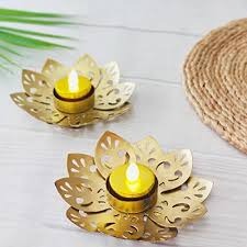 Golden Color Lotus Candle Stand Set Of 2
