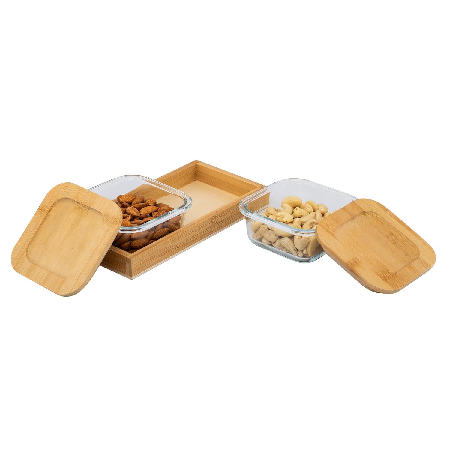 Novique Crystal Snack Bowl Set Airtight Lid Wooden Tray Set Of 2 Bowls 250Ml