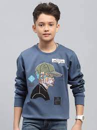 Boys Blue Printed Round Neck Full Sleeve Sweatshirt Size 30