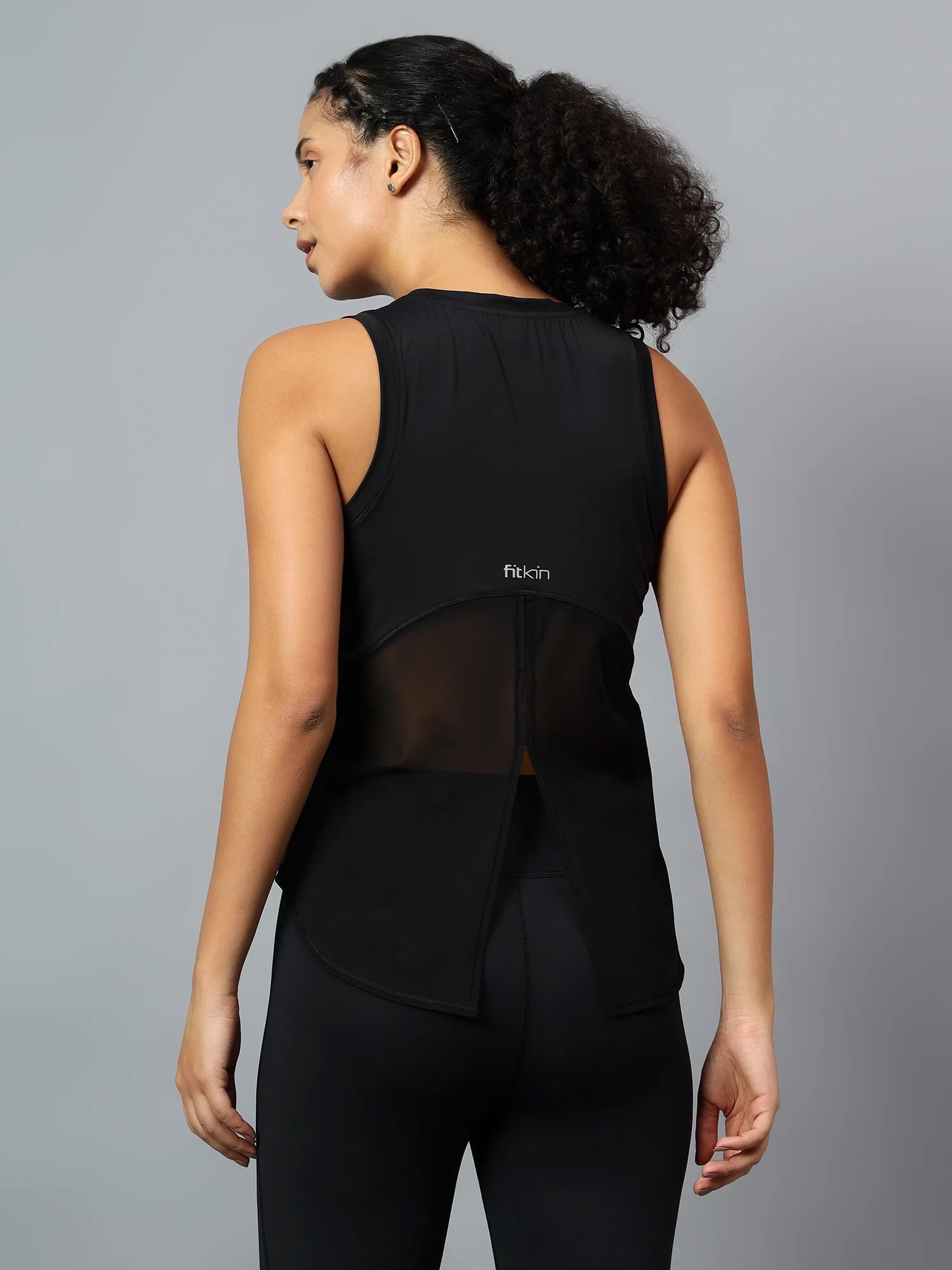Fitkin Black Tank Top With Back Net Panel Design Size M