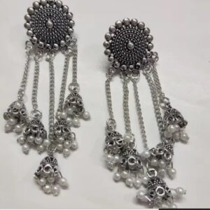 Silver 5 Layer Chain Latkan Earrings For Women