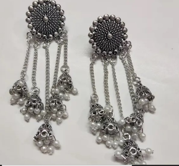 Silver 5 Layer Chain Latkan Earrings For Women