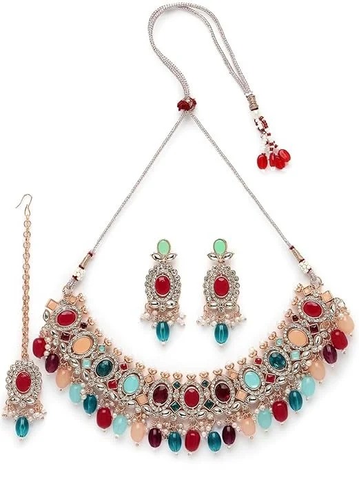 Sukkhi Bright Gold Plated Green Ad Stones With Drop Studded Choker Necklace Set WomenPoint