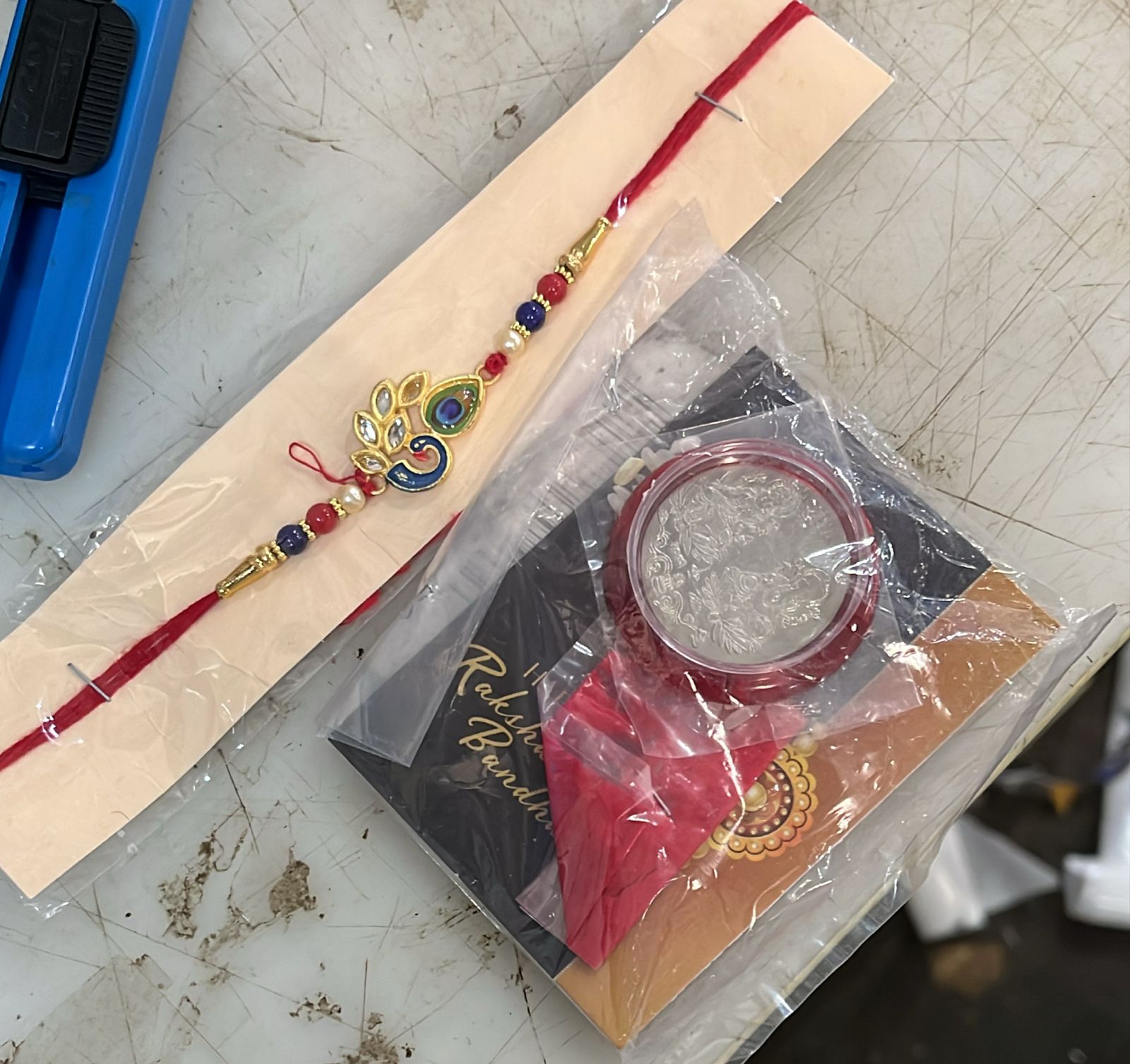 Beautiful Rakhi Silver Coin Sindoor Chawal Set