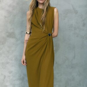Zara Draped Midi Dress Olive Green Size S