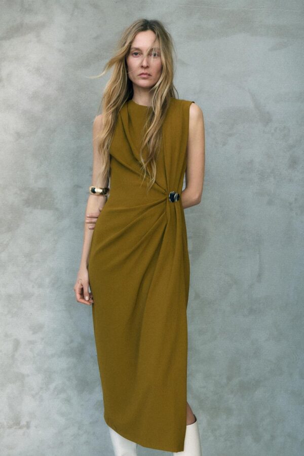Zara Draped Midi Dress Olive Green Size S