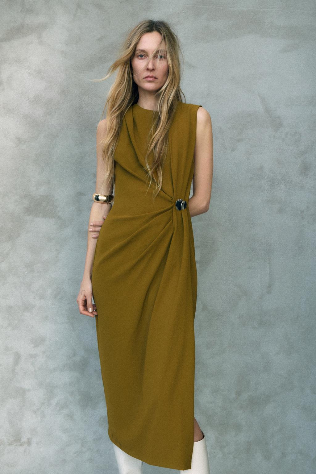 Zara Draped Midi Dress Olive Green Size S