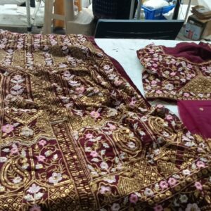 Womens Maroon Printed Lehenga Unstitched Blouse With Dupatta Size M