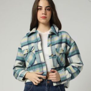 Buda Jeans Co Checked Jacket With Flap Pockets For Women Size M Green Color