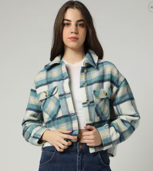 Buda Jeans Co Checked Jacket With Flap Pockets For Women Size M Green Color