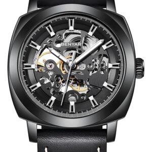 Benyar Automatic Mechanical Skeleton Leather Strap MenS Watch