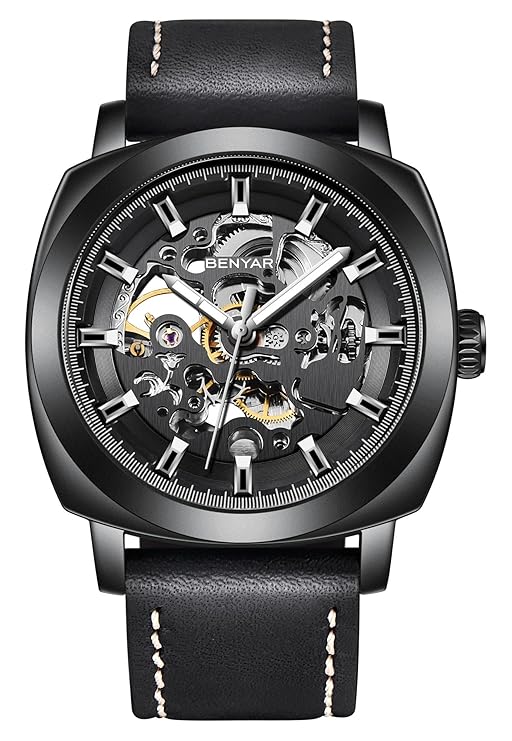 Benyar Automatic Mechanical Skeleton Leather Strap MenS Watch