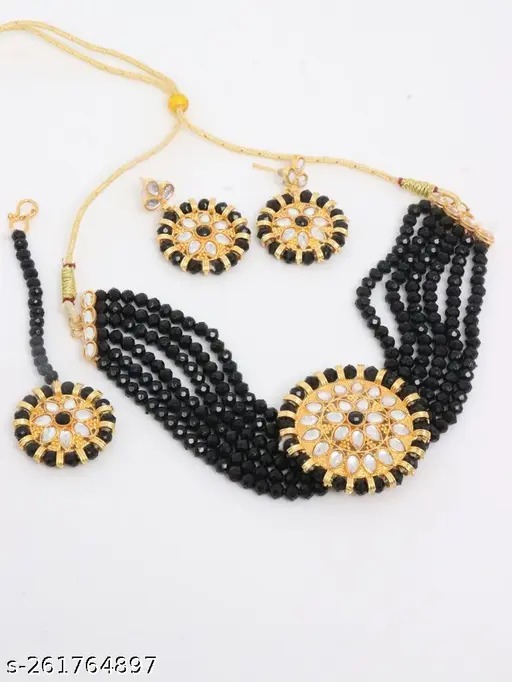 Zaveri Wine Multi Strand Pearls Kundan Choker Necklace Earring Ring Set Women