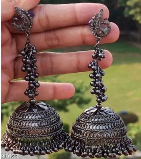Womens Silver Black Jhumka Earrings