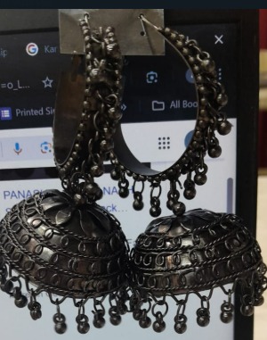 Womens Silver Black Jhumka Earrings