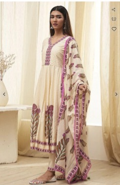 Biba Women Cream Colour Printed Kurti Palazzo With Dupatta Size 38