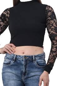 Full Sleeve Crop Top For Women Black Size S