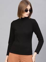 Women Black High Neck Rib Top Size L