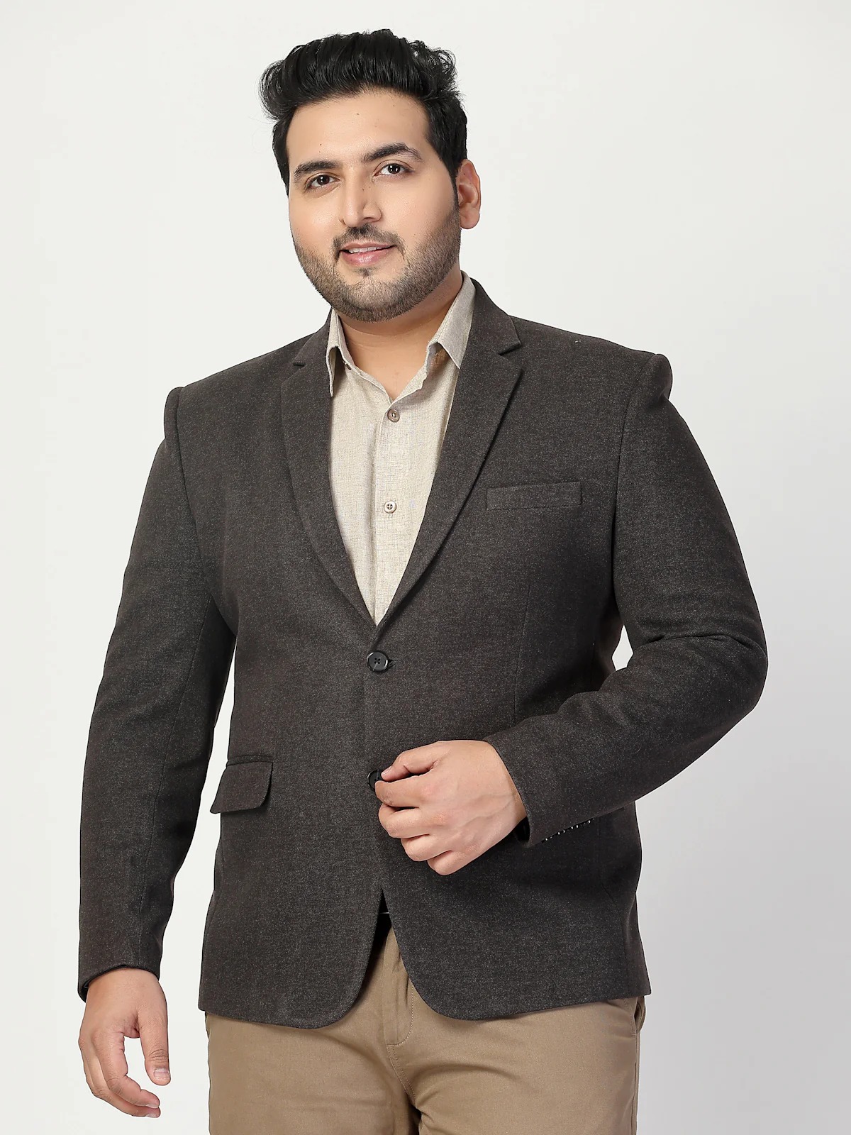 Pluss Men Solid Single Breasted Casual Blazer Size L Color Light Charcoal