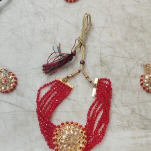 Women Red Color Necklace Earrings With Tikka