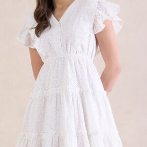 Femella Flutter Sleeves Schiffli Fit And Flare Dress White For Women Size S
