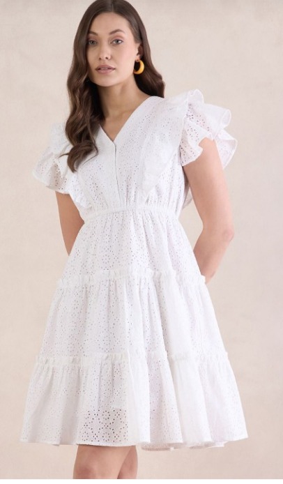 Femella Flutter Sleeves Schiffli Fit And Flare Dress White For Women Size S