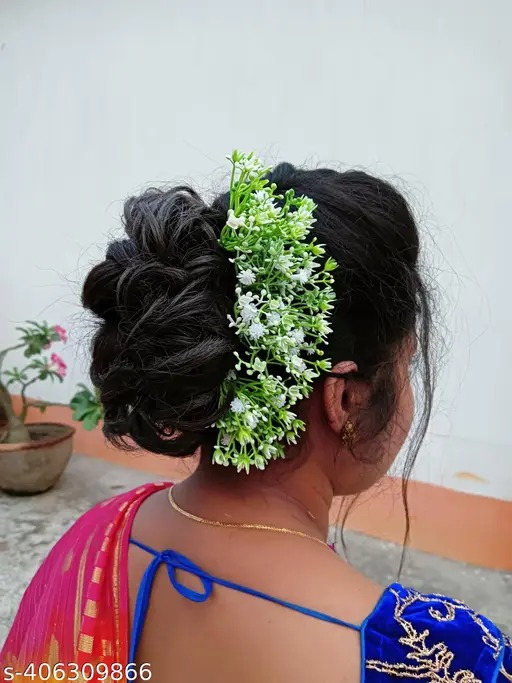 Stick Y3 12P White Green Color Artificial Flower Juttu Cipu Hair Pingali Ideal For Women
