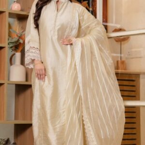 Label 16 Shahi Bej Chanderi Kurta With Dupatta And Pants Cream Colour For Women Size Xl