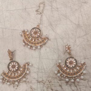Gold And White Earrings With Maang Tikka For Women