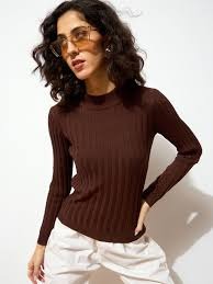 Sassafras Women Brown Rib Full Sleeves High Neck Sweater Size M