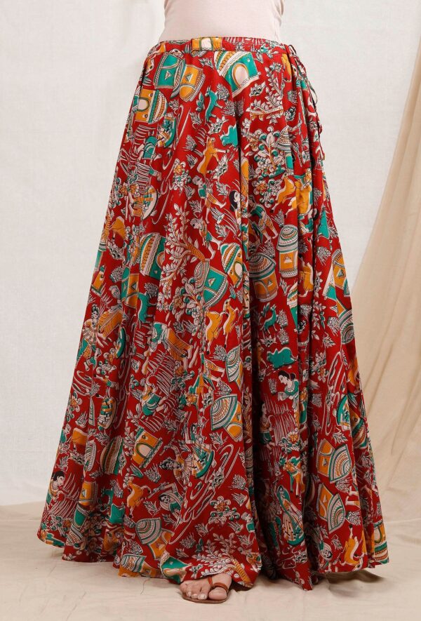 Tjori Red Kalamkari Cotton Skirt For Women Size Xxxl