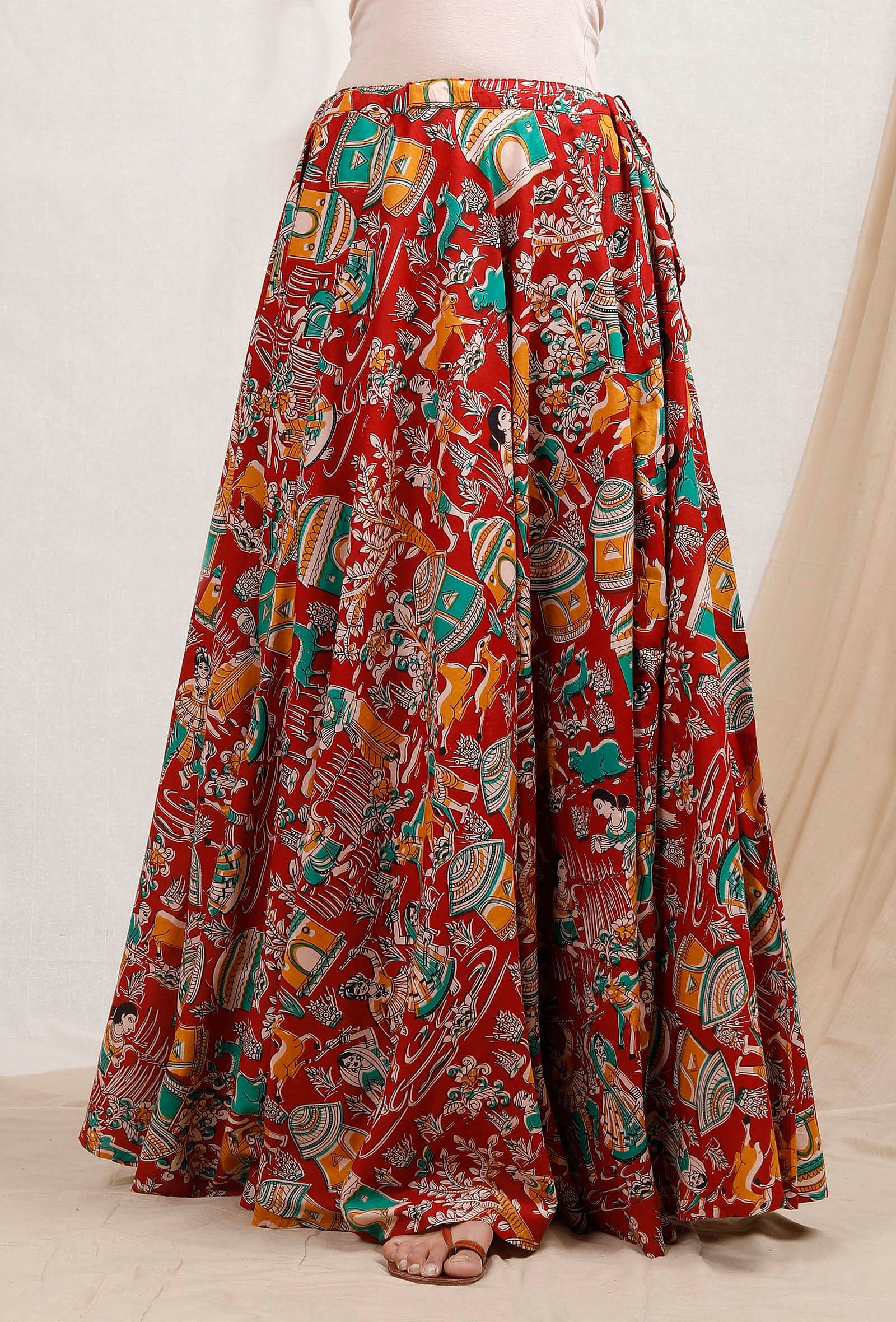 Tjori Red Kalamkari Cotton Skirt For Women Size Xxxl