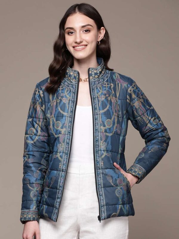 Aarke Ritu Kumar Women Floral Quilted Jacket Size M Color Blue