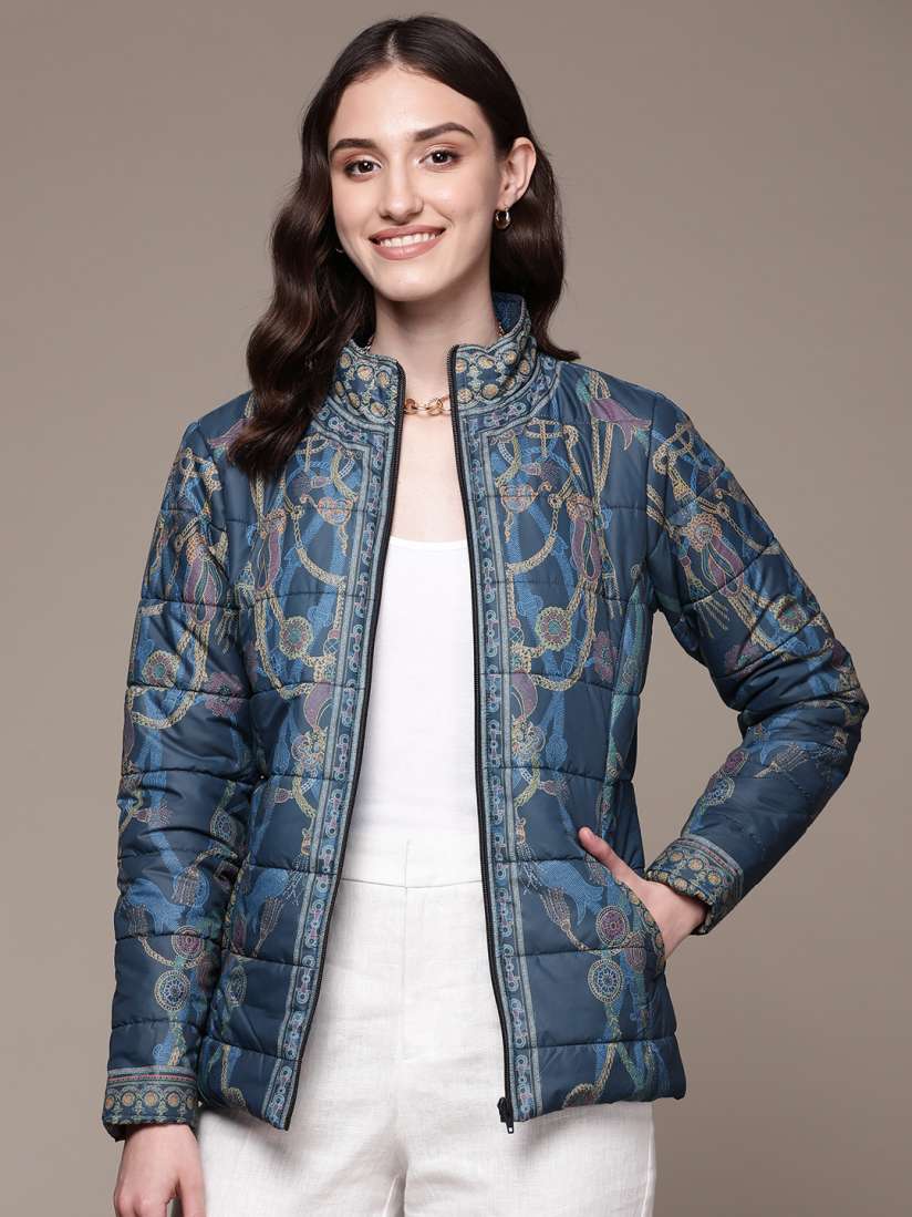 Aarke Ritu Kumar Women Floral Quilted Jacket Size M Color Blue