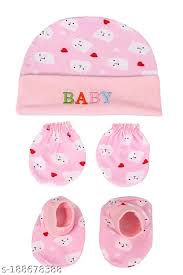 Pink Color Printed Cap Mittens And Footwear Size Nb