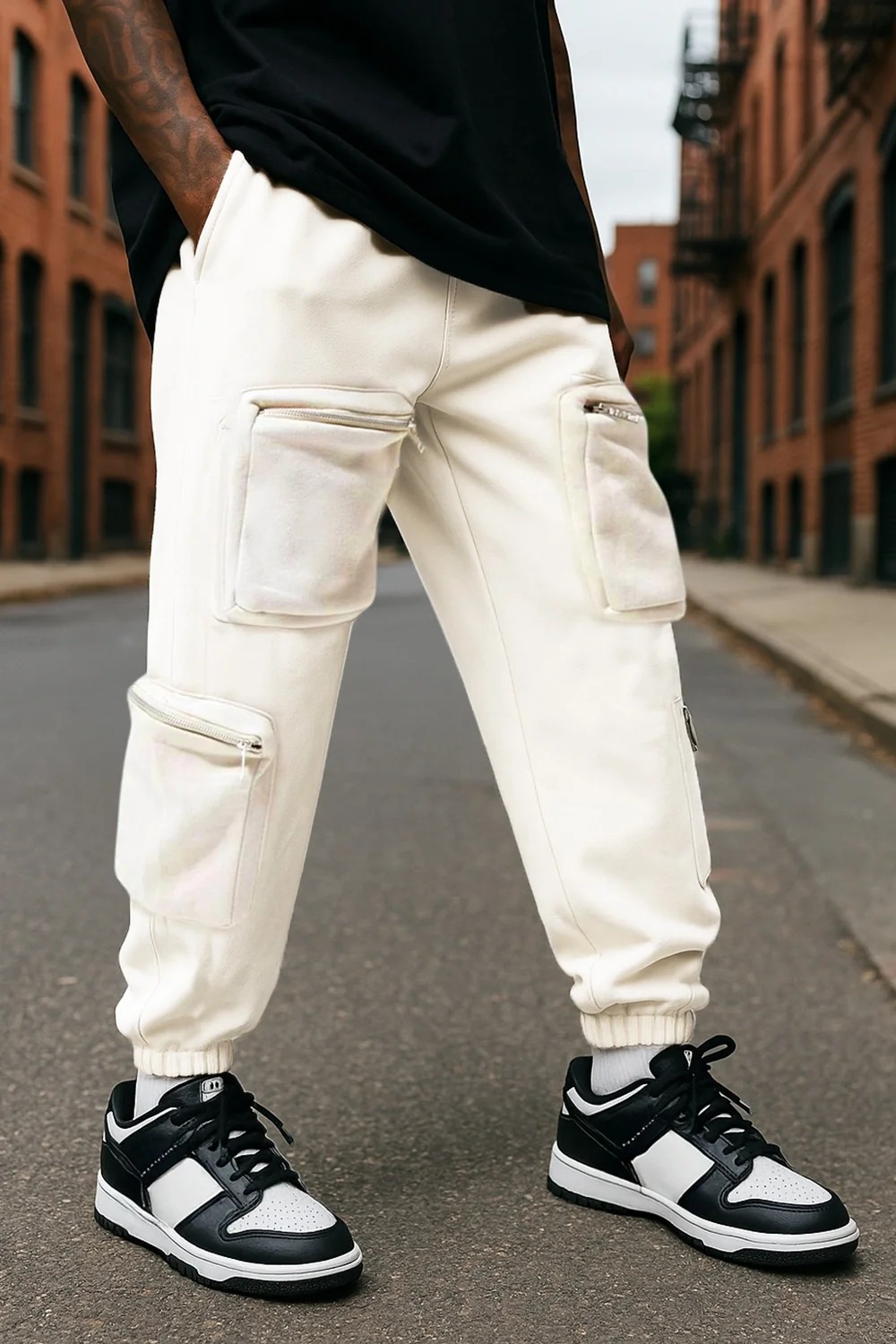Nobero Men Oversized Cargo Pocket Joggers Cream Colour Size M