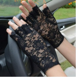 Women Wrist Length Lace Half Finger Gloves Black