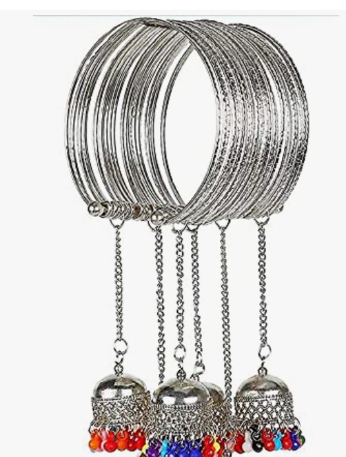 Oxidised Silver Plated Bangles Cuff Bracelet With Jhumka Latkan For Women Size 2 Point 6