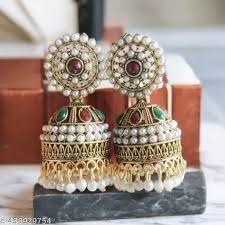 Jaynen Fashion Meenakari Ethnic Cluster Beads And Pearls Drop Chandbali Jhumka