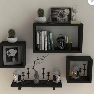 Ds Shoppe Beautiful Wooden Raff And Rectangle Floating Wall Shelf Set Of 4 Black